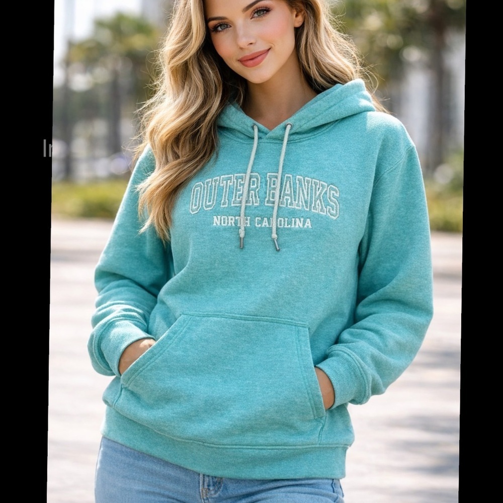 Basic Of America Green Outer Banks North Carolina Fleece‎ Hoodie Sweatshirt (M)